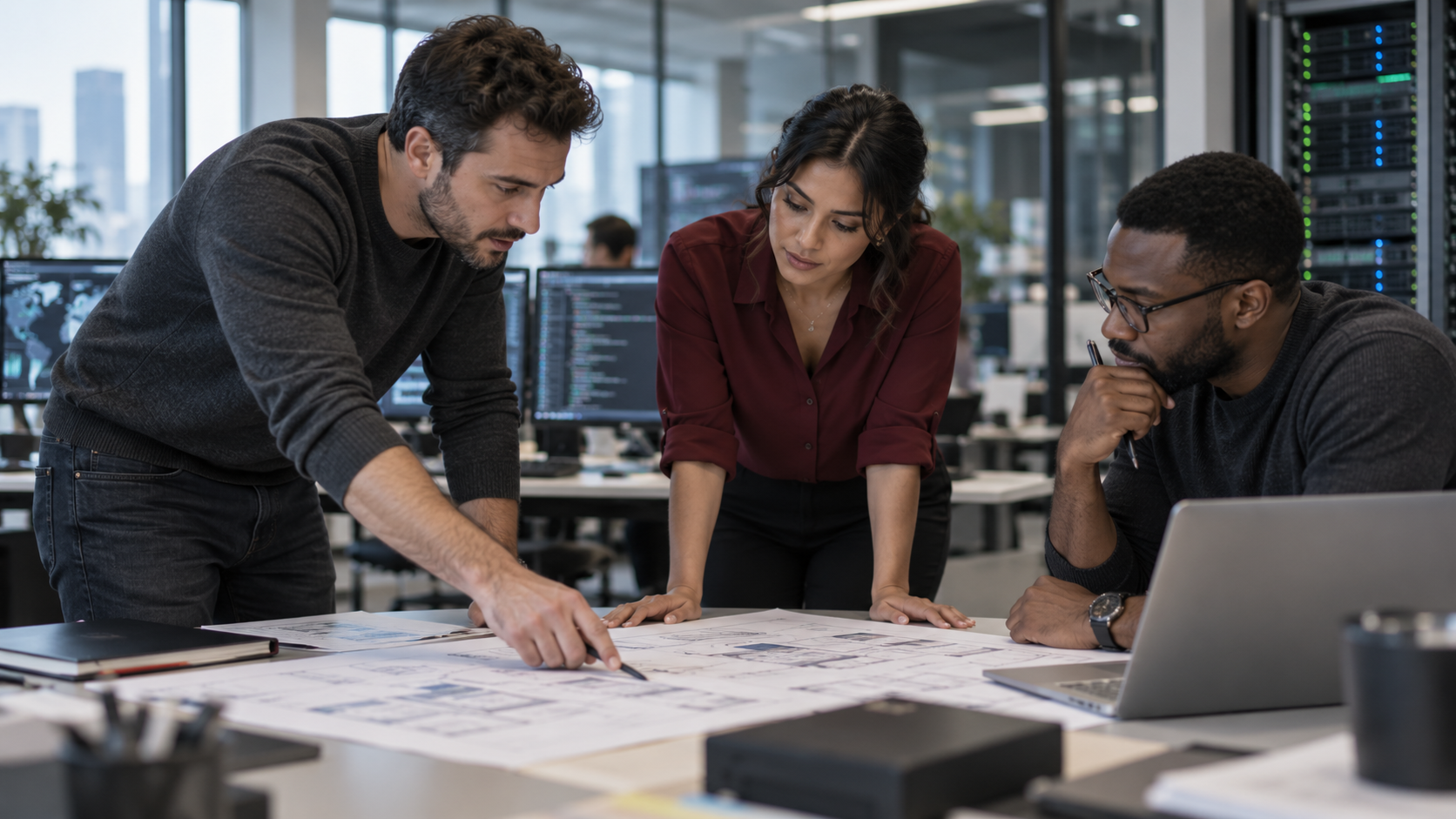 Engineering team reviewing a global delivery plan